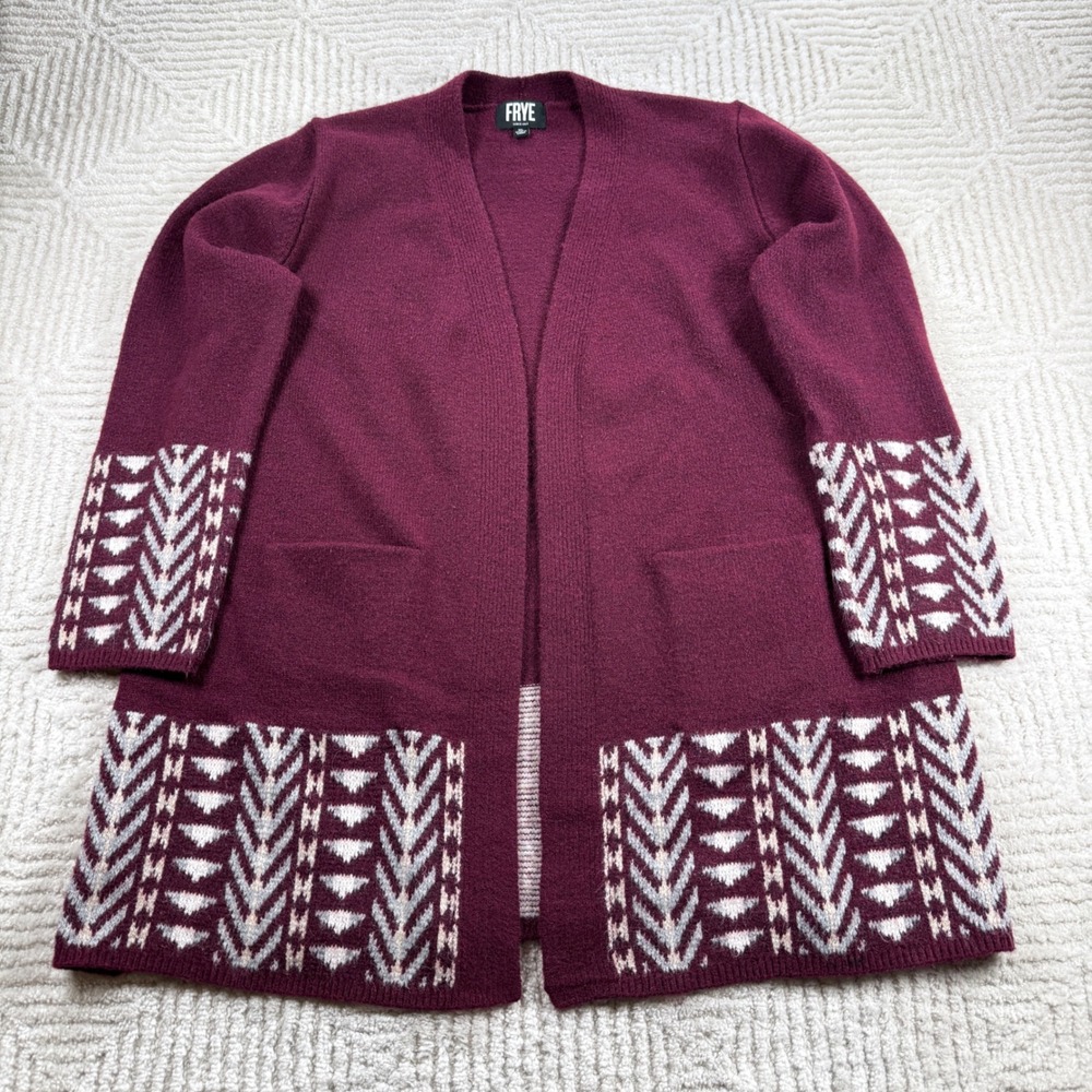 Frye Cardigan Womens XL Burgundy Geometric Fair Isle Open Front Longline Sweater